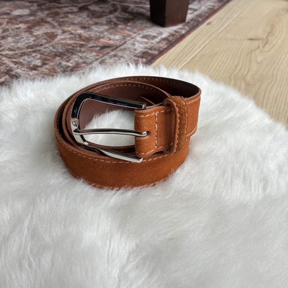 Wall + Water Mens Brown Suede Leather Belt Size 40 Made in Italy Silver Hardware